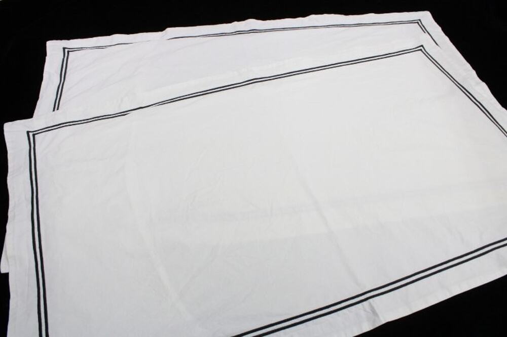 Pair Frette Crisp White Cotton Pillow Shams Embroidered Black Edge Italy Luxury